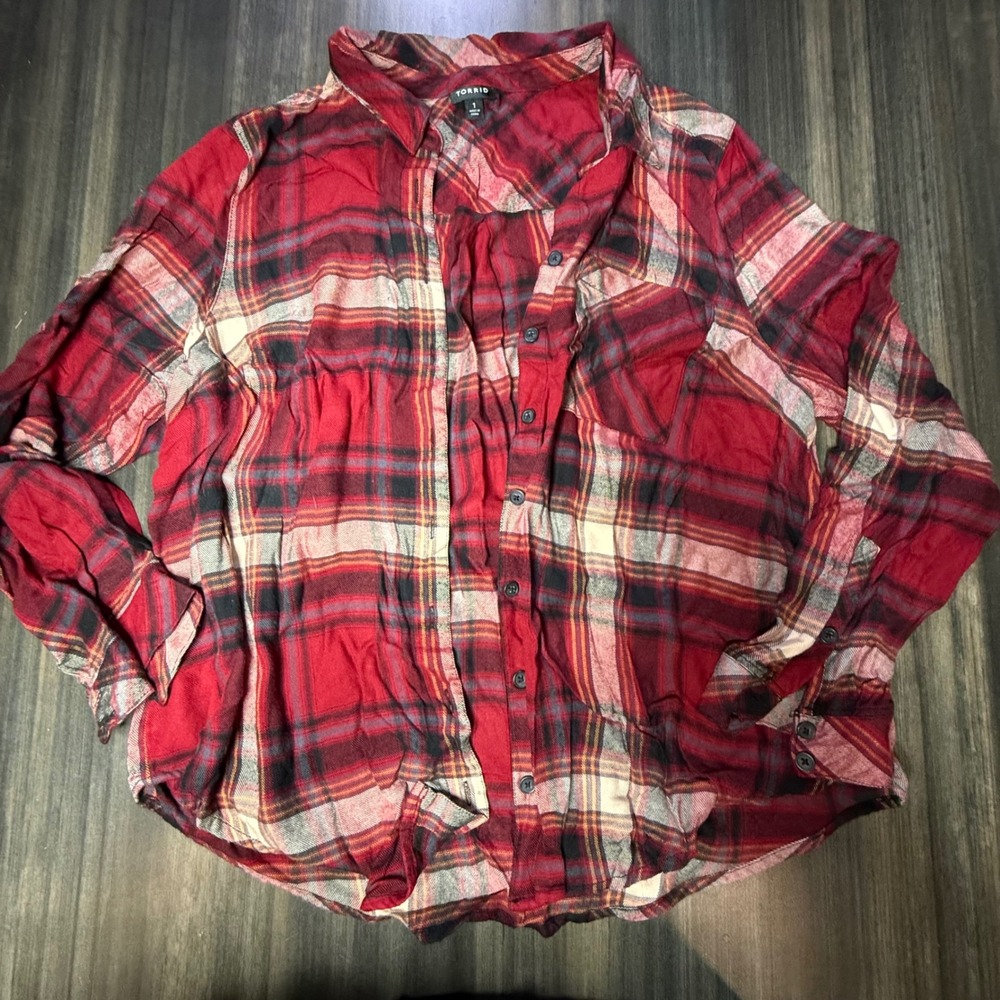 Torrid Plaid Flannel Shirt Button Up Long Sleeve Red Black Plus Size 1